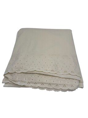 Vintage Beige Cream Floral Embroidered Scalloped Trim Flat Sheet Luxury Bedding